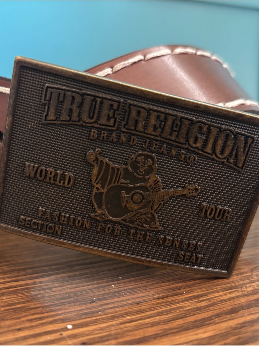 True Religion Brown Leather Belt with Embossed Brass Logo Buckle Size 28